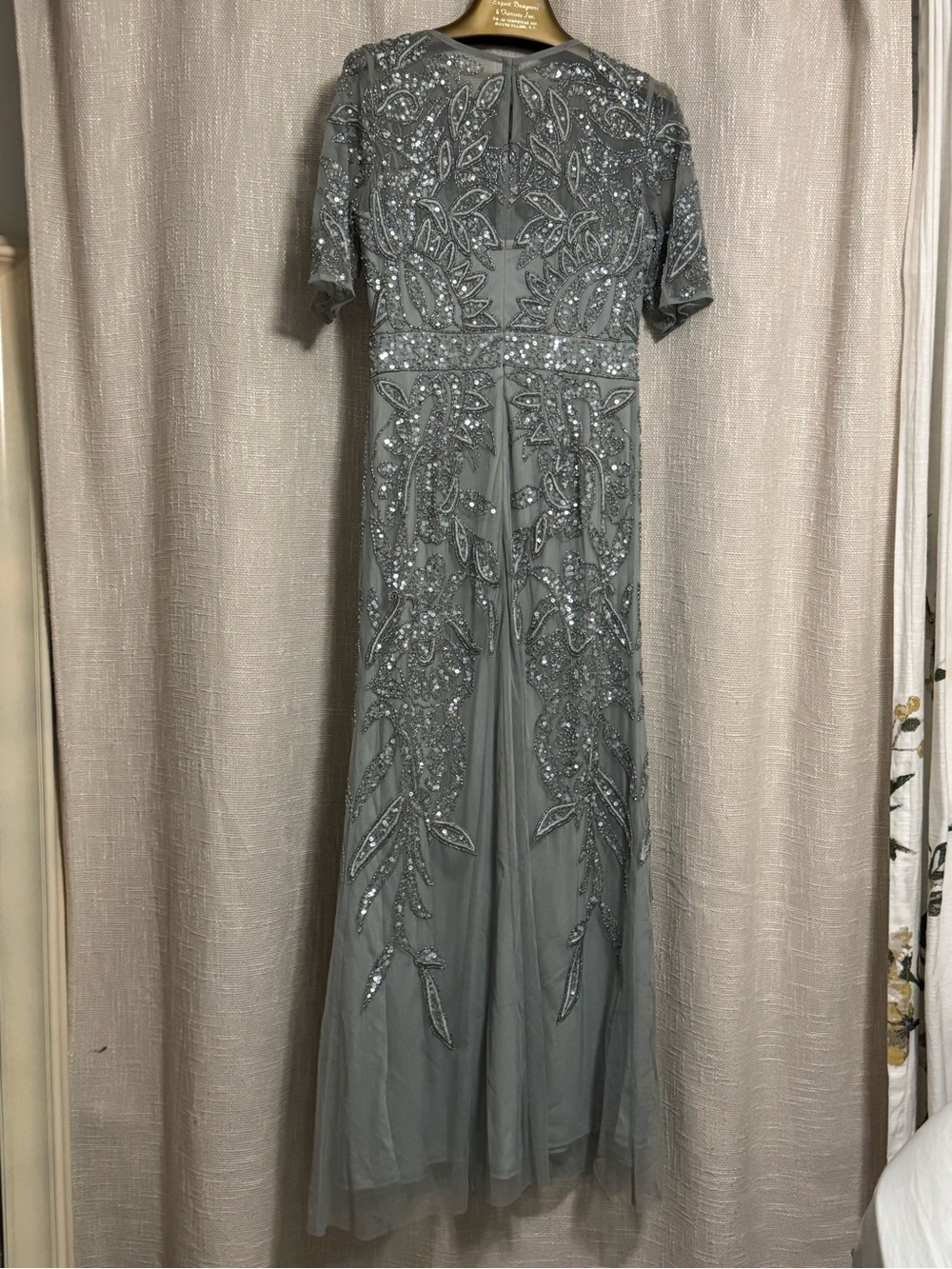 Adrianna Papell Beaded Silver Maxi Gown with sleeves - Picture 3 of 8